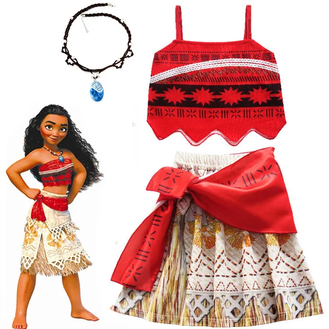 6101-2pcs Маскарадный костюм принцессы Моаны для детей, Vaiana, платье, костюм+ ожерелье+ парик для Хэллоуина, костюмы для детей, подарки для девочек - Цвет: 6101-2pcs