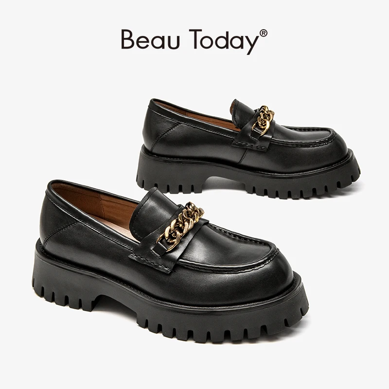 

Platform Loafers Women Genuine Cow Leather Round Toe Casual Flats Metal Chain Slip On Female Shoes Handmade BeauToday 27756