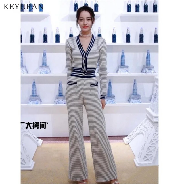 Fashion Women's Set Striped Two Piece Set Long Sleeve Knit Cardigan Sweater  Top And Loose Wide Leg Pants Set Bottom Suit Outfits - AliExpress