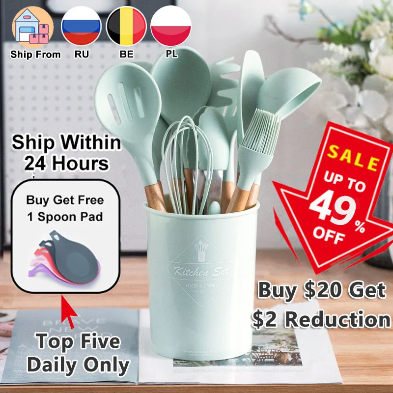 Silicone Cooking Utensils Set Non Stick Spatula Shovel Wooden Handle Cooking Tools Set With Storage Box Kitchen Tool Accessories|Cooking Tool Sets| - AliExpress