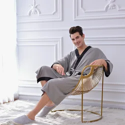 Men's Contrast Color Cotton 3/4 Sleeve Thin Pajamas Home Hotel Hot Spring Bathrobe Pajama Robe Sets