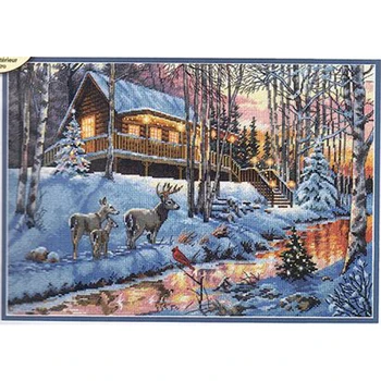 

18CT/11ct/14ct Linen sky blue fabric Counted Cross Stitch Kit Winter Cabin Chalet Hut Snow Deer River Brook Creek dim 08976