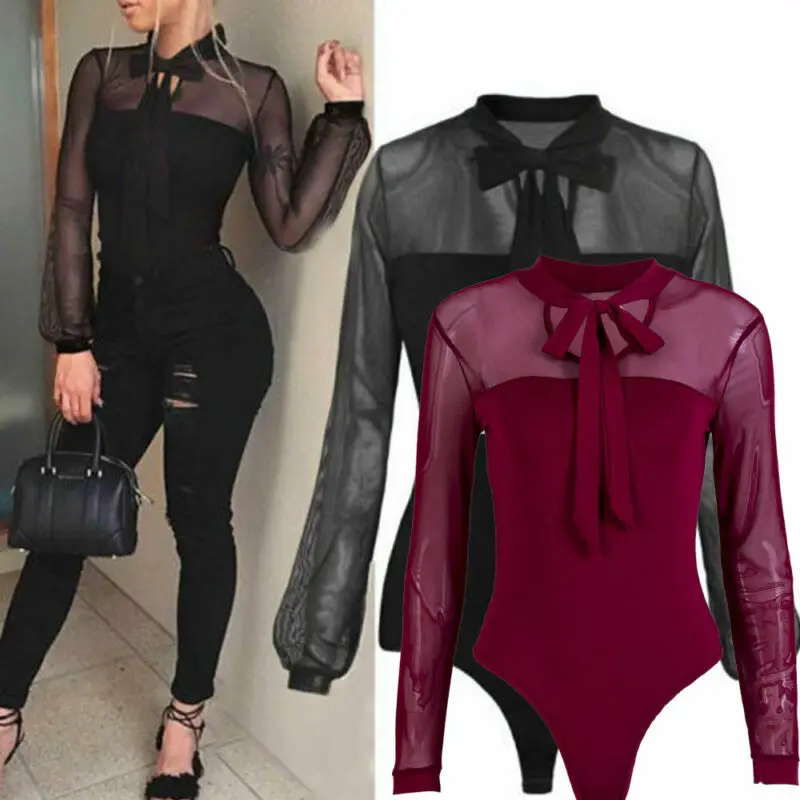 Bodi elegante con cuello de lazo para mujer, Tops de malla transparente, monos de manga larga, mono, Top de cuerpo, ropa de oficina