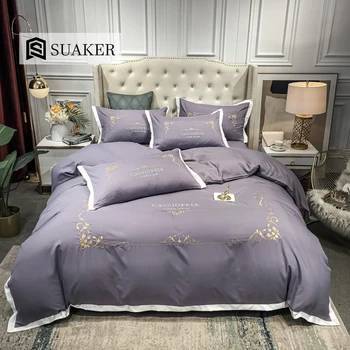 

Suaker European Purple Gray Bedding Set Luxury Embroidery Queen King Duvet Cover Set Flat Sheet Or Fitted Sheet Pillowcase
