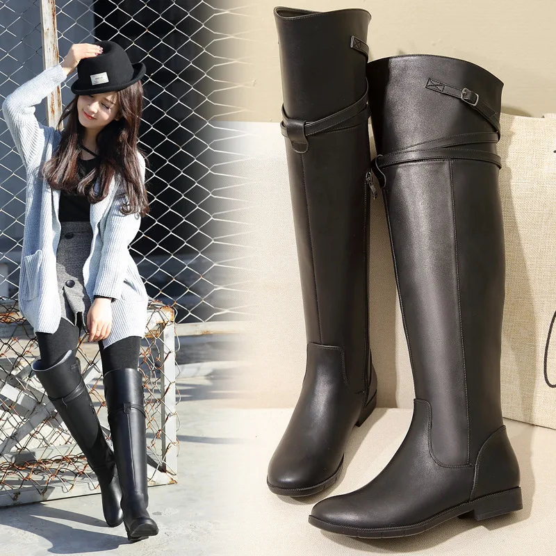 Women's flat boots autumn and winter new leather over the knee boots black knight boots high boots full leather boots