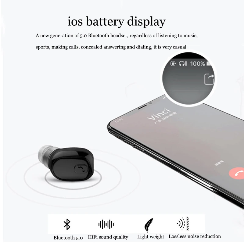 

Wireless headset Bluetooth 5.0 Single Ear Wireless Headset Mini In-Ear Sports Running Headset Android Phone HD Call