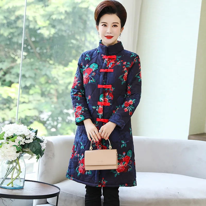 

2019 Autumn And Winter New Style Large Size Dress National Wind Cotton Linen Padded plus Velvet Cotton Overcoat Mid-length Loose