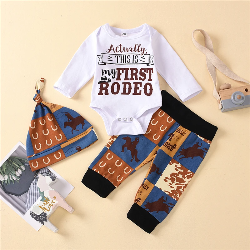 

2020 new children's clothing child kids children Girl Letter Long Sleeve Romper + Printed Trousers + Hat Three-piece Set