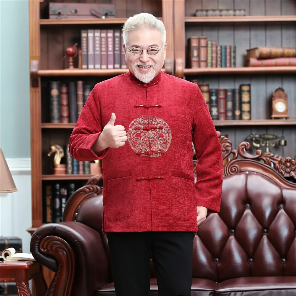 Шанхай история Зимняя Красная китайская куртка для мужчин и женщин Китайская традиционная одежда двойной дракон куртка замшевая куртка
