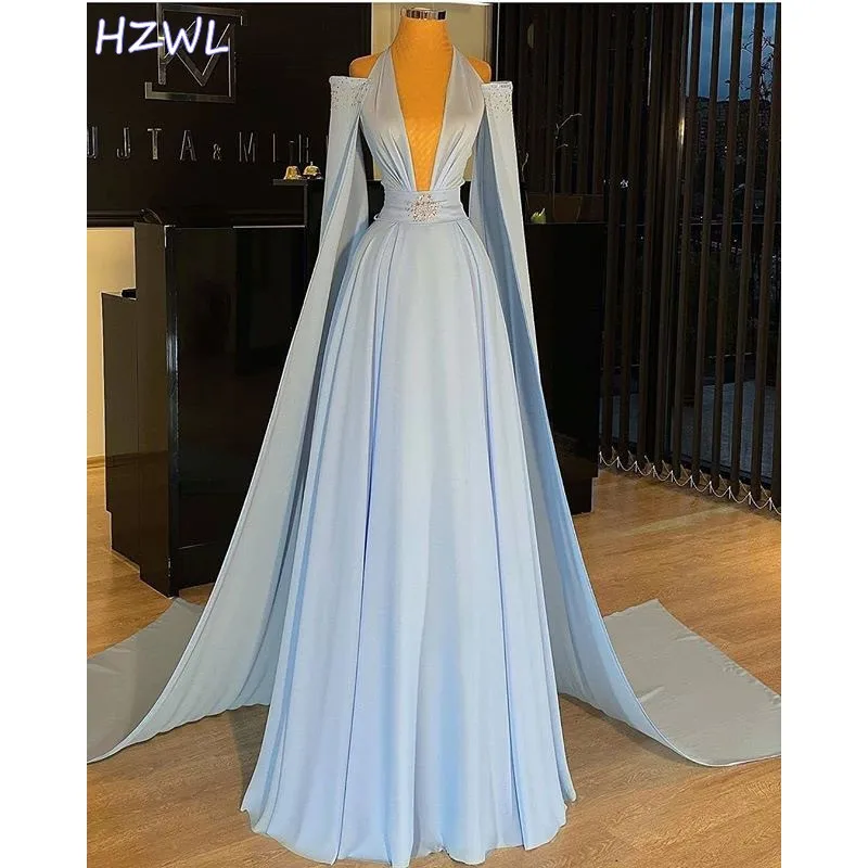 

Sky Blue Halter Deep V-Neck Evening Dress A-Line Beaded Crystal Long Prom Dreses Robe De Soiree With WATTEAU Train