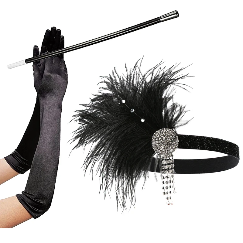 1920s Flapper Accessories Feather Headband Gloves Cigarette Holder 3 Pack Great Gatsby Party Costume Accessories Set for Women plus size cosplay Cosplay Costumes