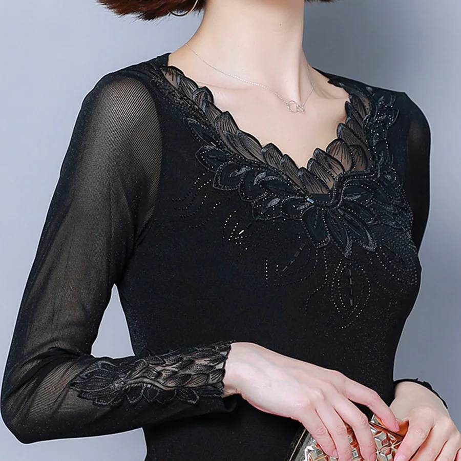  Lace blouse bottoming fashion shirt slim 2019 new autumn women long sleeve Diamonds mesh blouse shi