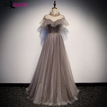 

Silver Gray Evening Dress ES3205 High Collar Short Sleeve Robe De Soiree Lace Up Women Party Dresses Floor Length Formal Gowns