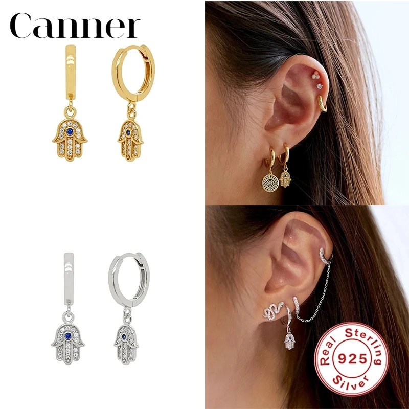 

Canner Boho 925 Sterling Silver Hoop Earrings For Women Pendant Palm Shape Zircon Gold Color Earrings Fine Jewelry pendientes W4