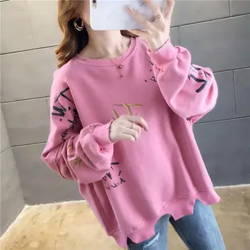 

Women's Graffiti Print Sweatshirt Spring and Autumn Long Sleeve Round Neck Loose Pullover Hem with Notch