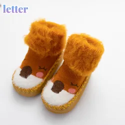 Inverno botas de meia do bebê engrossar pelúcia quente antiderrapante sola macia infantil da criança sapatos crianças meias de malha recém nascidos sapatos de chão em casa