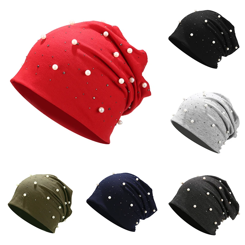 Fashion Solid Color Pearl Rhinestone Beanies Hat Outdoor Soft Warm Cotton Cap Winter Women's Female Skullies Beanie Bonnet | Аксессуары