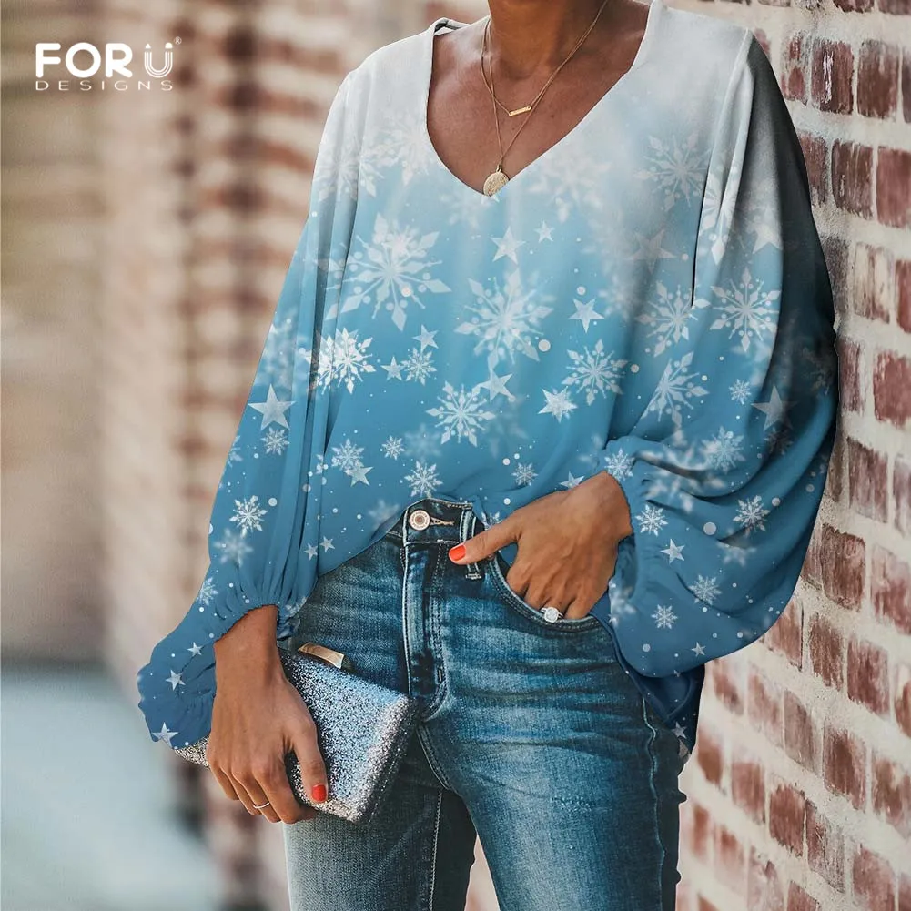FORUDESIGNS/женские шифоновые блузки с v-образным вырезом, повседневные, с рукавом-шаром, красивые, с принтом снежинки, для девочек, мягкие, вечерние, для улицы, рубашки
