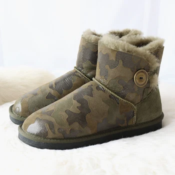 

G&Zaco Luxury Sheepskin Boots Camouflage Copper Button Genuine Leather Snow Boots Non-Slip Natural Wool Boots Flat Women's Shoes