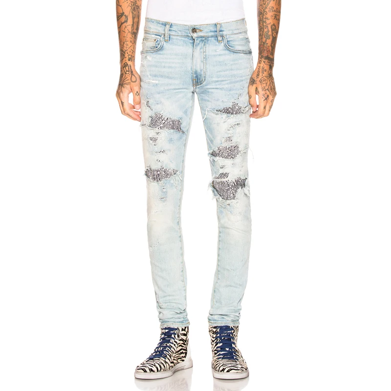 Fashion Streetwear Men Jeans High Quality Elastic Destroyed Ripped Jeans Men Punk Pants Patchwork Hip Hop Skinny Jeans Homme