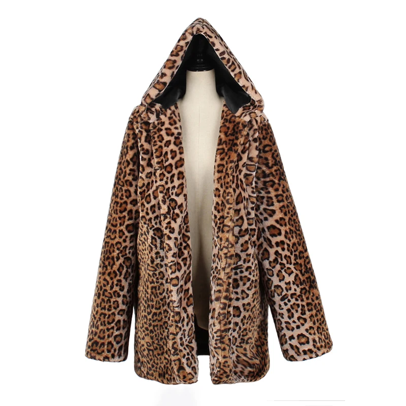Women Faux Fur Coat Winter Warm Jacket Fluffy cOAT Leopard Printed Side Pocket Long Sleeve Outerwear Overcoat Plus Size 3XL