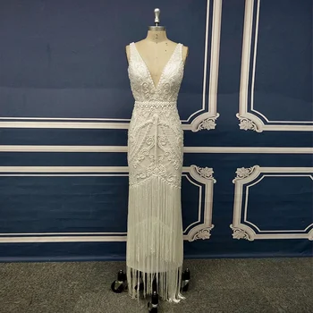 

V Neck Sleeveless Backless Heavy Beading Little White Ankle Length Girls Party Cocktail Dress