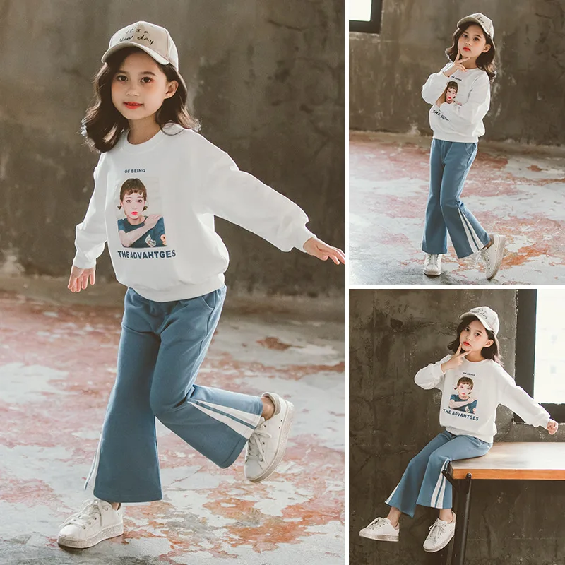 

Girls Spring And Autumn Set 2020 New Style Korean-style GIRL'S round Neck Sweater Cowboy Bell-bottom Pants Two-Piece Set Big Boy