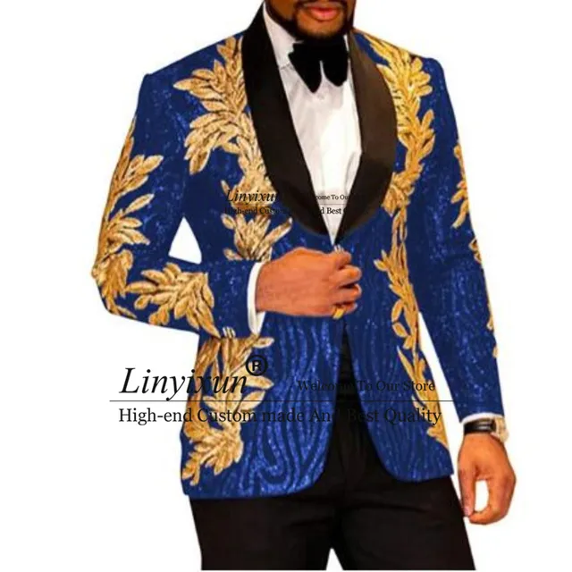 Slim Fit terno masculino Shiny Sequins Gold Applique Suits Men Prom Tuxedos Grooms Set 2 Pieces(Blazer+Pants) Costume Homme 4
