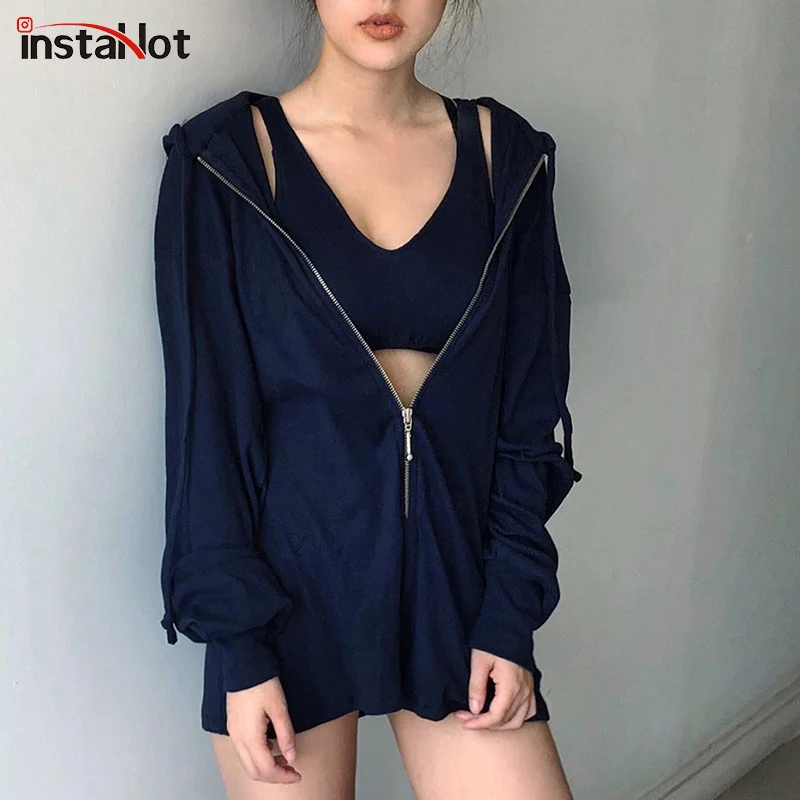 

InstaHot Black Zipper Up Playsuit Hooded Cotton Jumpsuit Autumn Streetwear Casual Hoodies Romper Fashion Drawstring Hooded