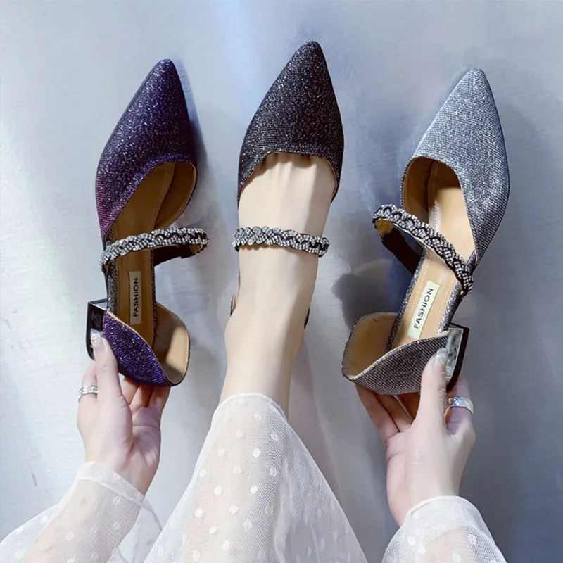 

Women Crystal Pumps Woman Slip On Low Heels Elegant Pointed Toe Cover Heel Rhinestone Fashion Female Party Shoes Ladies Footwear