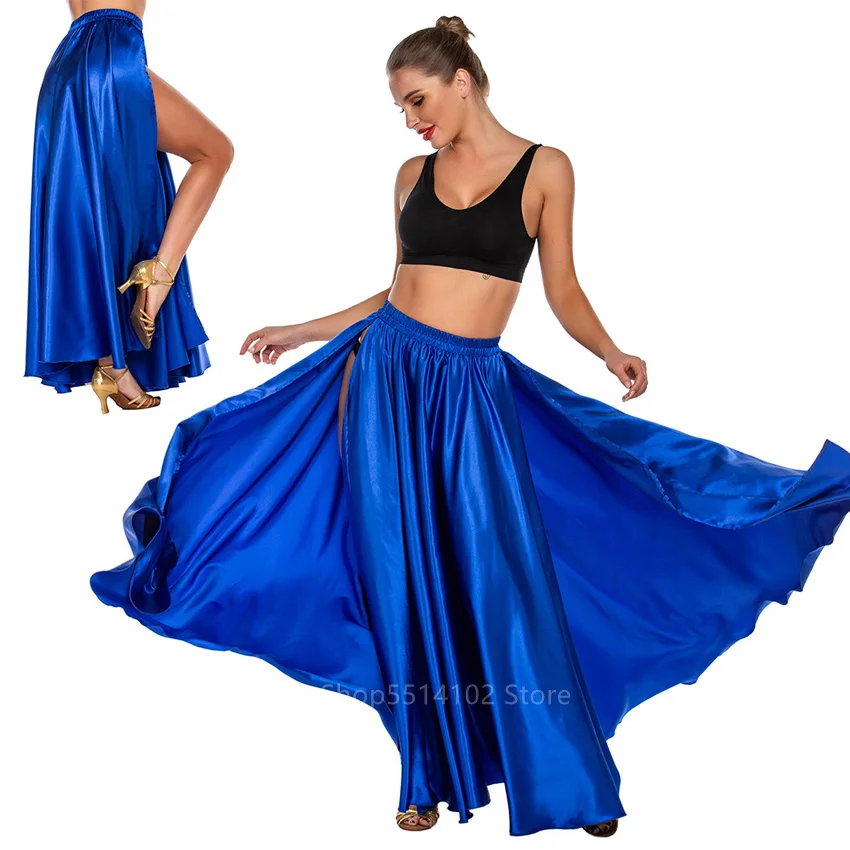 Женская атласная юбка для танца живота Однотонная с разрезом и