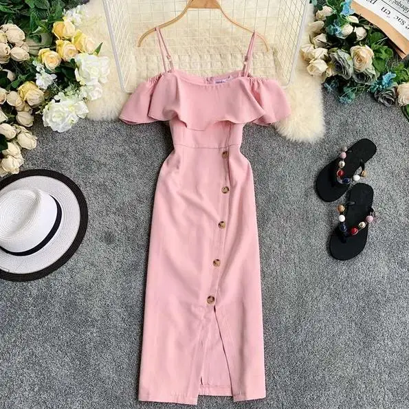 Вечерние платья с однотонными пуговицами Vestidos с вырезом лодочкой и открытыми плечами, летнее платье для женщин, с оборками, обтягивающие соблазнительные платья AE818