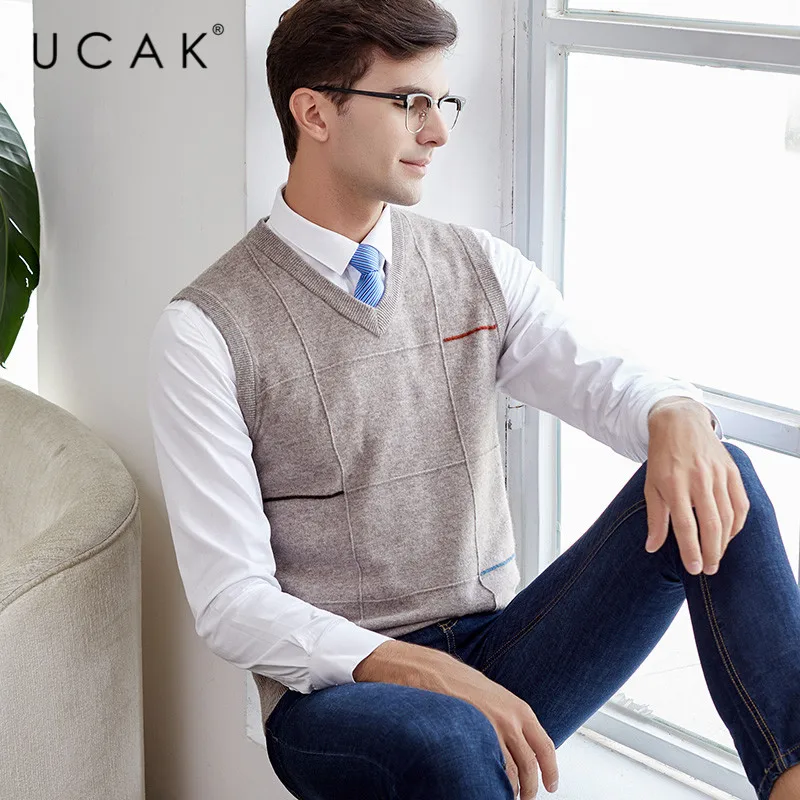 

UCAK Brand Pure Merino Wool Sweater Vest 2019 New Arrival Casual Autumn Winter Pull Homme Streetwear Sweaters Clothes U3114