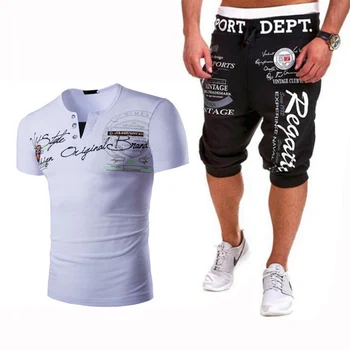 

2020 new men's V-neck fake two-letter printed T-shirt and men's sports casual letter printed cropped pants two-piece suit