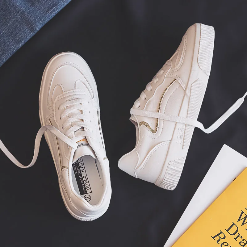 

Women Vulcanize Shoes 2019 Autumn New Wild Breathable Fashion Breathable Leather Sneakers White Shallow Flat Sports Shoes Women