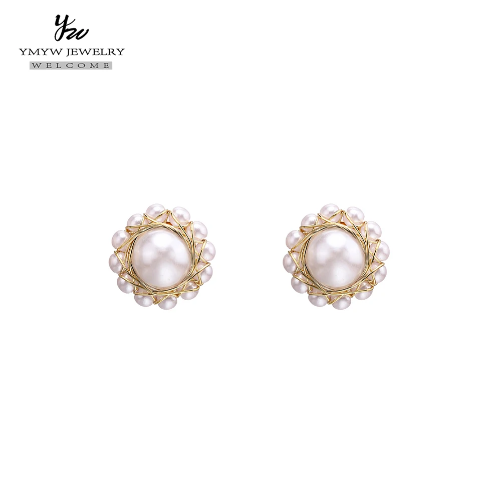 YMYW Luxury Exquisite Handmade Simulated Pearls Stud Earrings Charm Copper 16 k Plated Gold for Women Party Kolczyki | Украшения и
