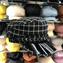 01911-yuchun Осенняя твидовая черная клетчатая Дамская восьмиугольная шляпа Женская Кепка-бейсболка для досуга