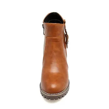 

2020 Ankle Boots Women Square High Heel Round Toe Pu Leather Zipper Solid Casual Women