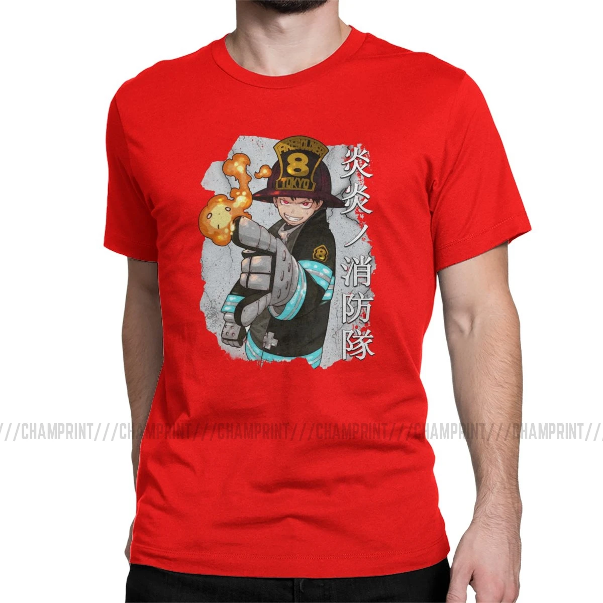 Shinra Fire Force Мужская футболка пожарный герой аниме Уникальные футболки с коротким рукавом Круглый вырез футболки хлопок 5XL 6XL одежда - Цвет: Красный