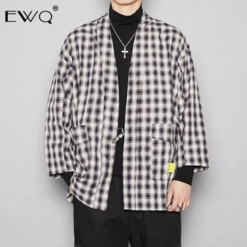 

EWQ /2020 Fashion New Men's Clothes Three-dimensional Black White Plaid Three Quarter Sleeve spring Cardigan Thin Jacket 19H-a89