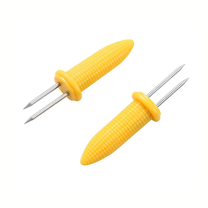2pcs Stainless Steel Corn Forks Holder BBQ Prongs Skewers Fork Hot Dog Fruit Dessert Cake Fork Tableware Kitchen Gadget BBQ Tool