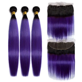 

ALIBELE 1B Purple Straight Ombre Bundles With Closure Remy Human Hair Weave Double Weft Peruvian Hair Bundles with Lace Closure