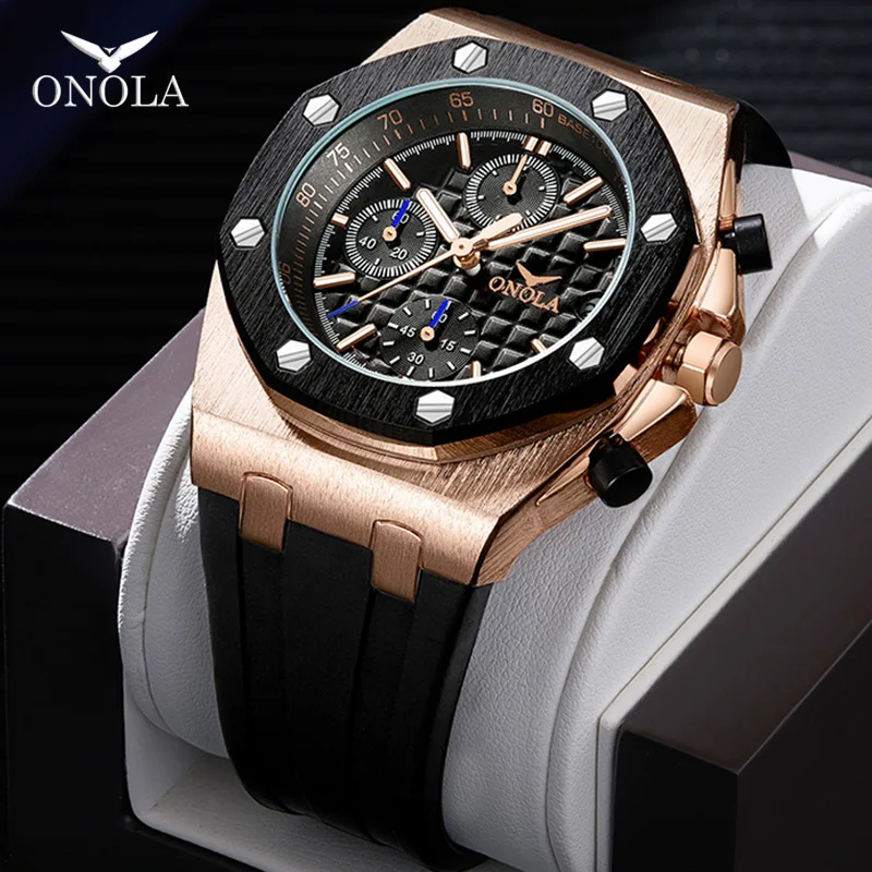 Бренд ONOLA, модные повседневные кварцевые мужские часы, многофункциональный хронограф, наручные часы, полностью черные, золотые, металлические, водонепроницаемые часы для мужчин