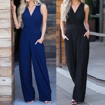 

Elegant Solid Long Jumpsuit Women Sexy Backless Sleeveless Rompers Summer Casual V-neck Elastic Waist Party Jumpsuit Ju4
