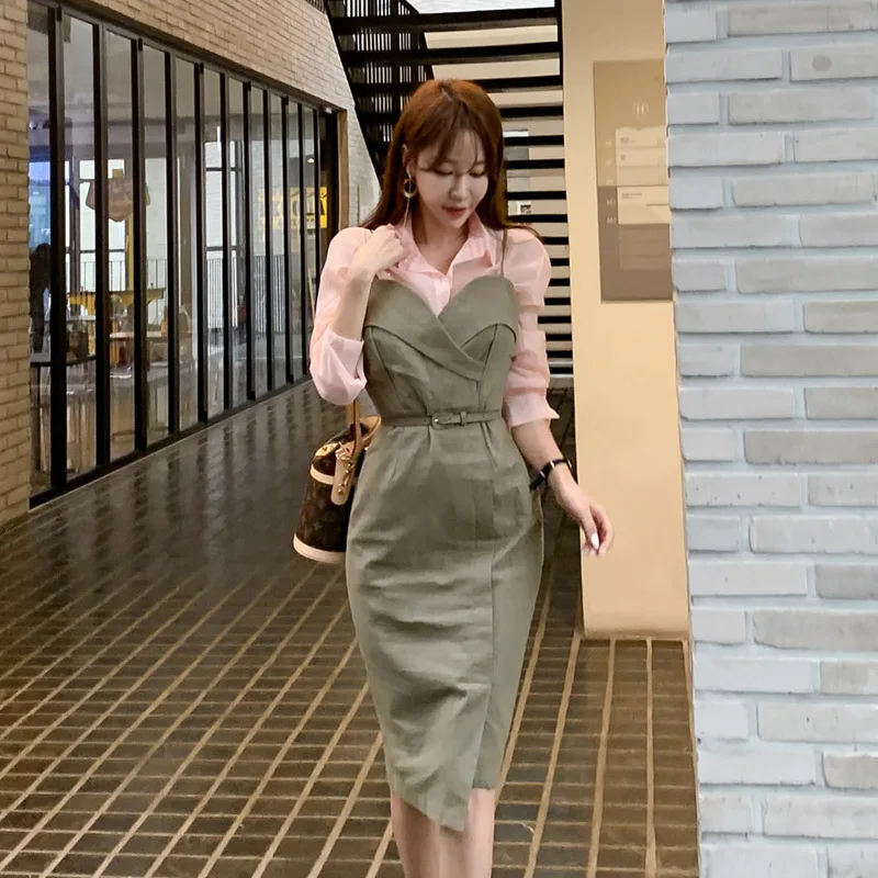 

2620 #2019 Korean-style WOMEN'S Wear Elegant Fine Camisole Long Dress + Elegant Elegant Charming Shirt Two-Piece Set
