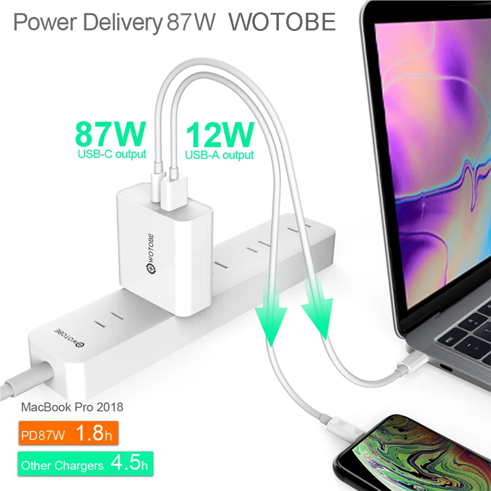 USB-C PD87W адаптер питания, 1 порт PD87W/65 W настенное зарядное устройство для USB-C ноутбуков MacBook iPad Pro, 1 порт USB A 2.4A для samsung iPhone