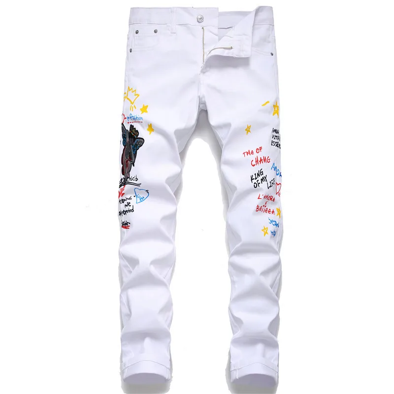 Letter Print Mens White Jeans Graffiti Pattern Hip hop Trousers Male Casual Skinny Stretch Cotton Denim Pants #5658 | Мужская одежда