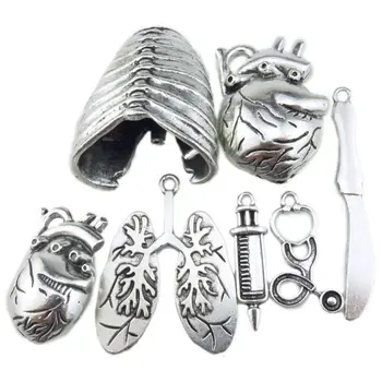 

7Pcs Antique Silver Lungs Skeleton Heart Stethoscope Injector Pendants Jewelry