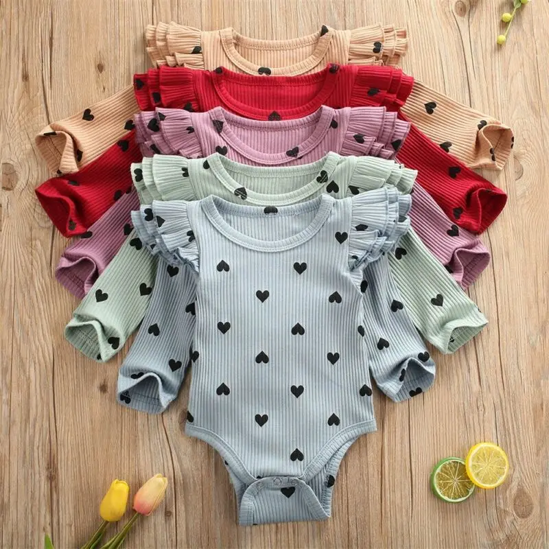 Хлопковый трикотажный комбинезон в рубчик с длинными рукавами и оборками для новорожденных мальчиков и девочек, комбинезон, костюм для подвижных игр, одежда для малышей 0-24 месяцев
