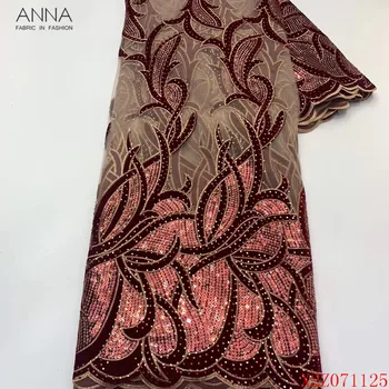 

Anna red nigerian sequins lace fabric 2020 high quality embroidery with stones french net lace african velvet fabric 5 yards/pcs
